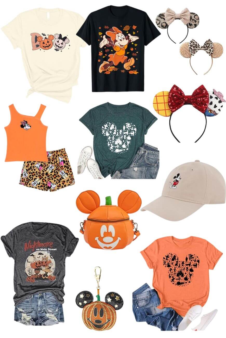 A flat lay of Halloween-themed Disney apparel and accessories, including t-shirts with Mickey and Minnie, mouse ear headbands, hats, pumpkin-shaped bags, shorts, and keychains, all in orange, black, beige, and leopard print.
