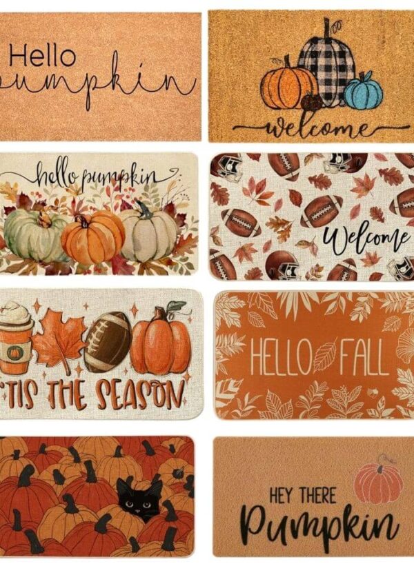 A collage of eight autumn-themed doormats featuring pumpkins, fall leaves, footballs, and festive greetings such as Hello pumpkin, Tis the season, Welcome, Hello fall, and Hey there pumpkin.