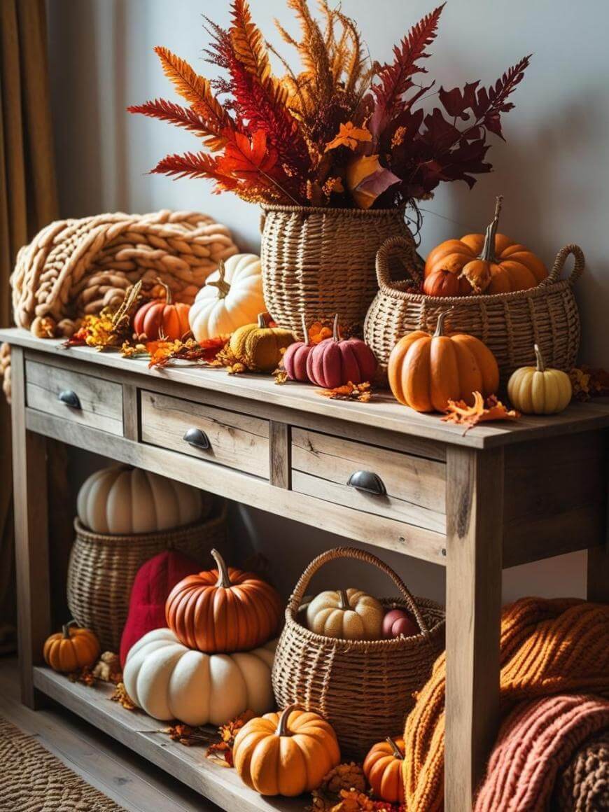 A wooden table decorated with woven baskets, pumpkins in various colors and sizes, autumn leaves, and a chunky knit blanket, creating a cozy fall-themed display.
