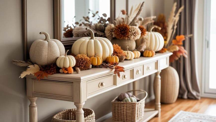 A beige console table decorated with white and orange pumpkins, autumn leaves, and dried flowers. A woven basket sits below, and the arrangement reflects a cozy, fall-themed home decor.