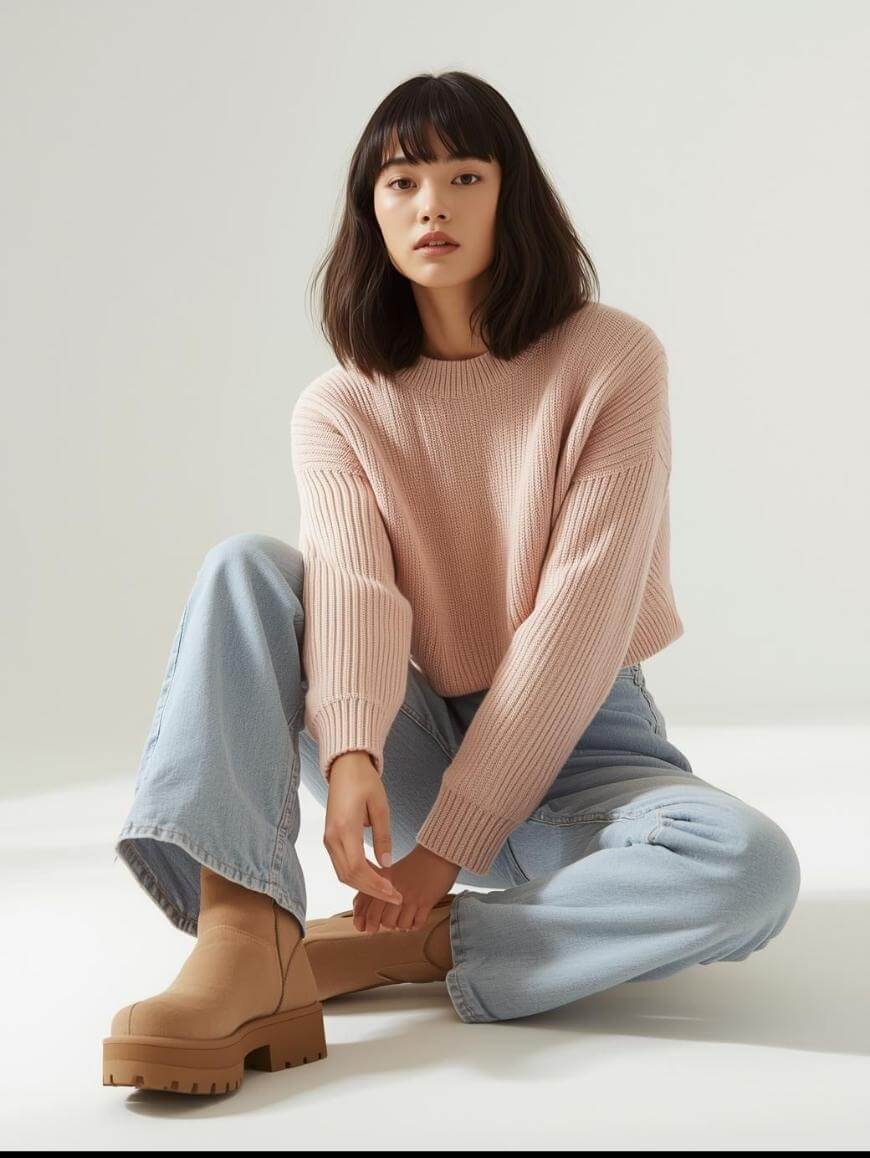 A woman with shoulder-length dark hair sits on the floor in a relaxed pose, wearing a light pink ribbed sweater, light blue jeans, and tan platform boots against a plain light background.