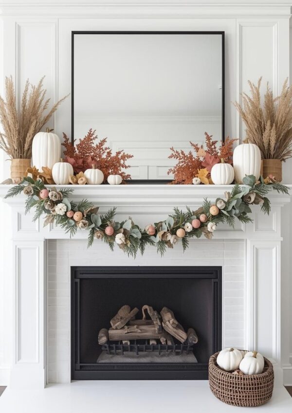 A white fireplace features fall mantle decor with white pumpkins, dried grasses, orange leaves, and a garland of greenery and small pumpkins. A large mirror sits on the mantel above the autumn-themed display.