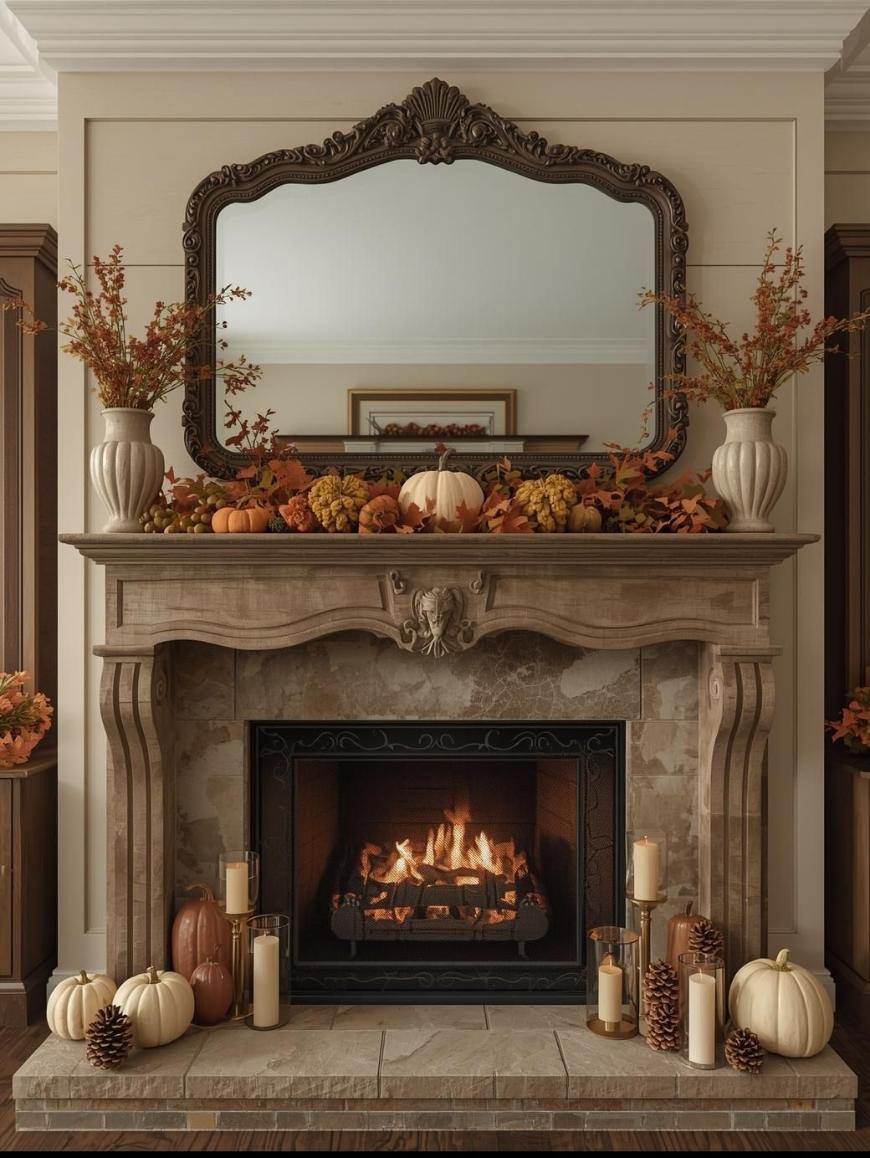 A cozy fireplace with a roaring fire, decorated for autumn with white and orange pumpkins, pinecones, candles, and vases of fall foliage. A large ornate mirror hangs above the wooden mantel.