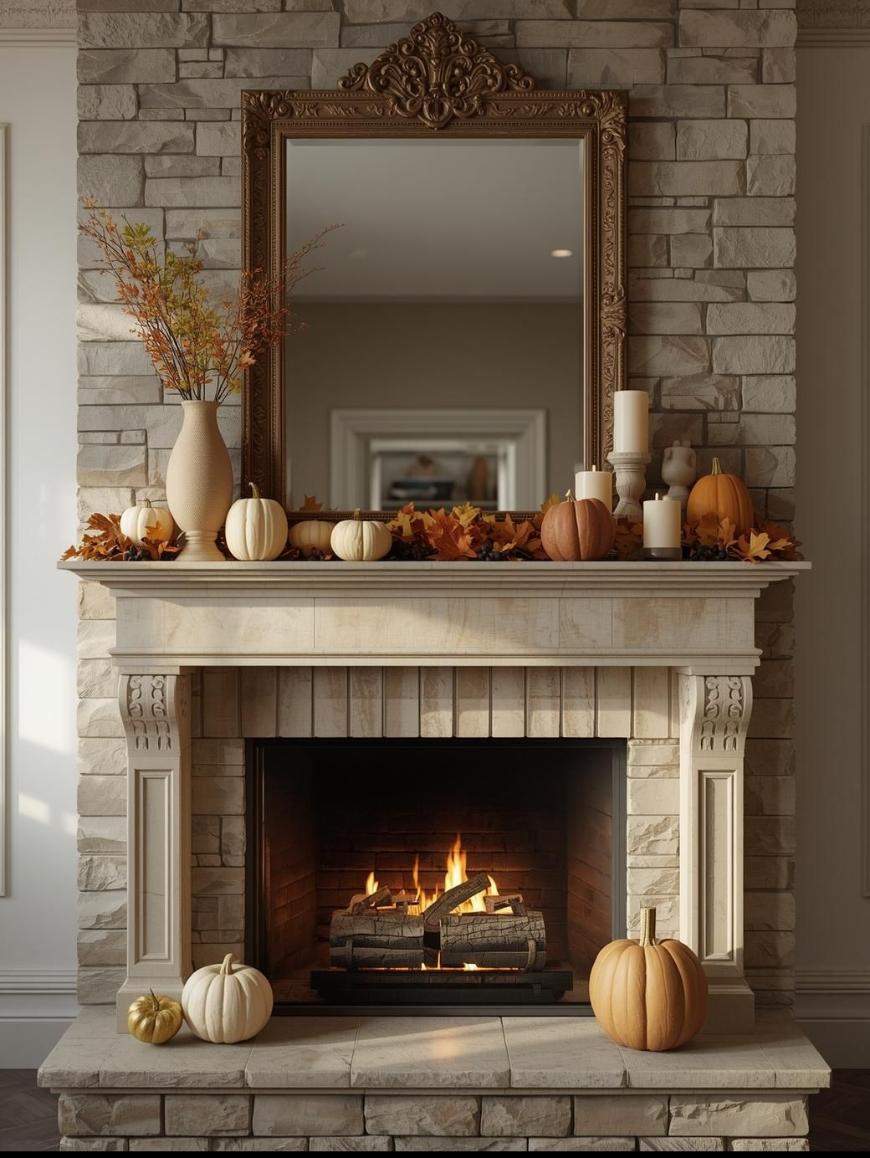 A stone fireplace with a lit fire, decorated with white and orange pumpkins, candles, a vase with autumn branches, and a large ornate mirror above the mantel. Autumn leaves are spread along the mantel for a cozy fall look.