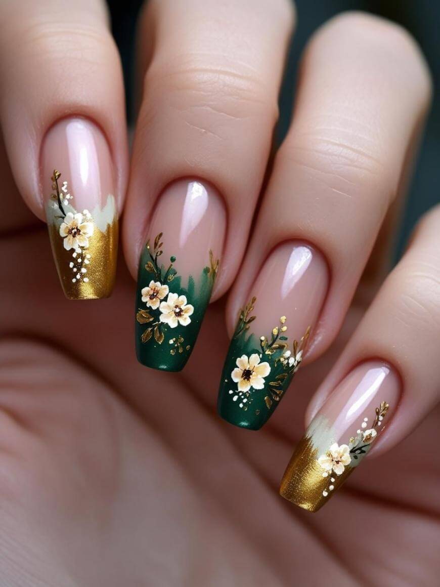 A close-up of manicured nails with a design featuring gold tips, dark green accents, and delicate white and yellow flower art, along with small gold details on a nude base.