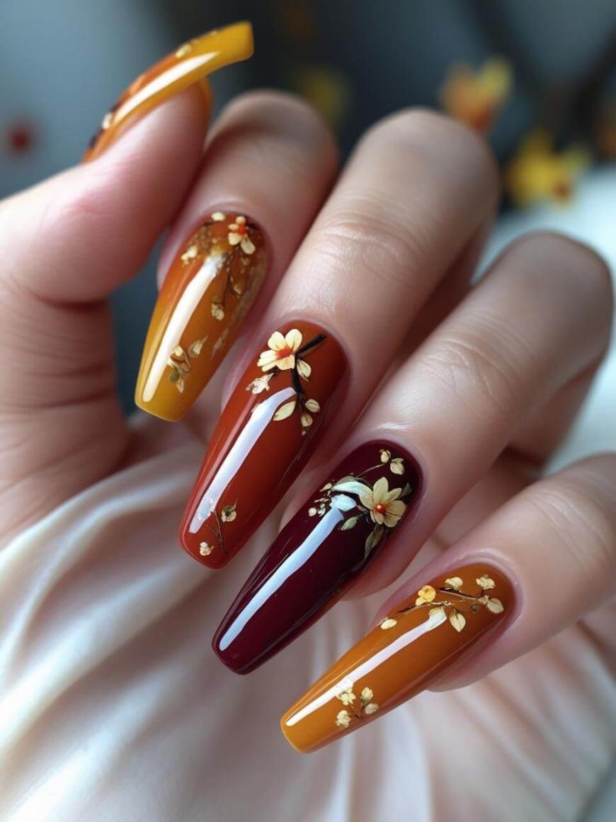 A hand with long, almond-shaped nails painted in autumn shades of mustard yellow, burnt orange, and deep burgundy, each nail adorned with delicate yellow floral designs and thin branches.