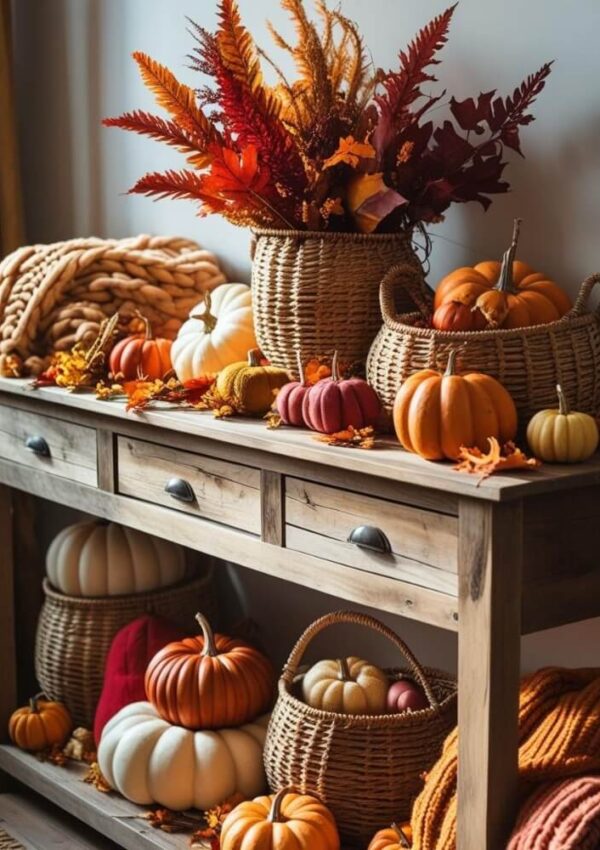 A rustic wooden table decorated with woven baskets filled with orange, white, and red pumpkins, autumn leaves, and a cozy chunky knit blanket, creating a warm fall atmosphere.