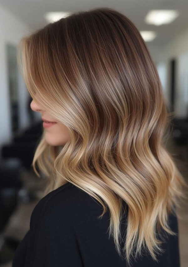 A woman with wavy, shoulder-length hair featuring a smooth transition from dark brown roots to caramel blonde tips, standing in a bright, modern salon. Her face is partially turned away from the camera.