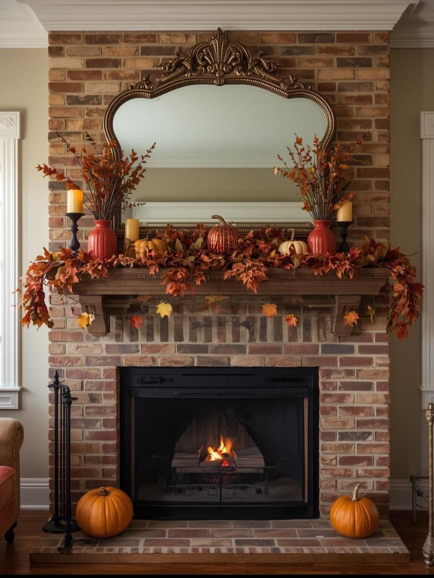 A brick fireplace decorated for autumn with orange pumpkins, red vases, fall leaves, and candles on the mantel. A large ornate mirror hangs above, reflecting light from nearby windows. A small fire burns in the fireplace.