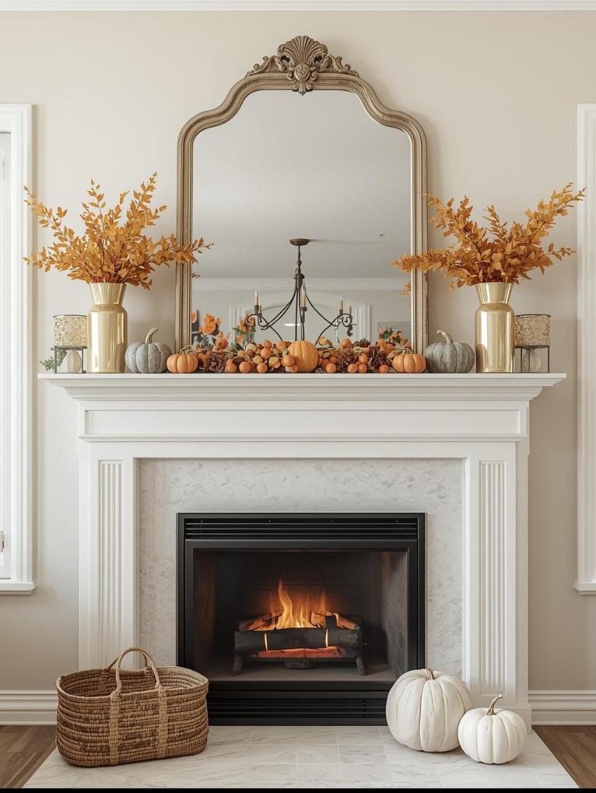 A white fireplace with a lit fire, decorated with small pumpkins, autumn leaves in gold vases, and a large ornate mirror above. A wicker basket and two white pumpkins sit on the hearth.