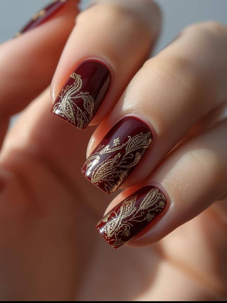 A close-up of a hand with nails painted deep red and decorated with intricate gold floral and paisley designs. The nails are square-shaped and glossy, highlighting detailed, elegant nail art.