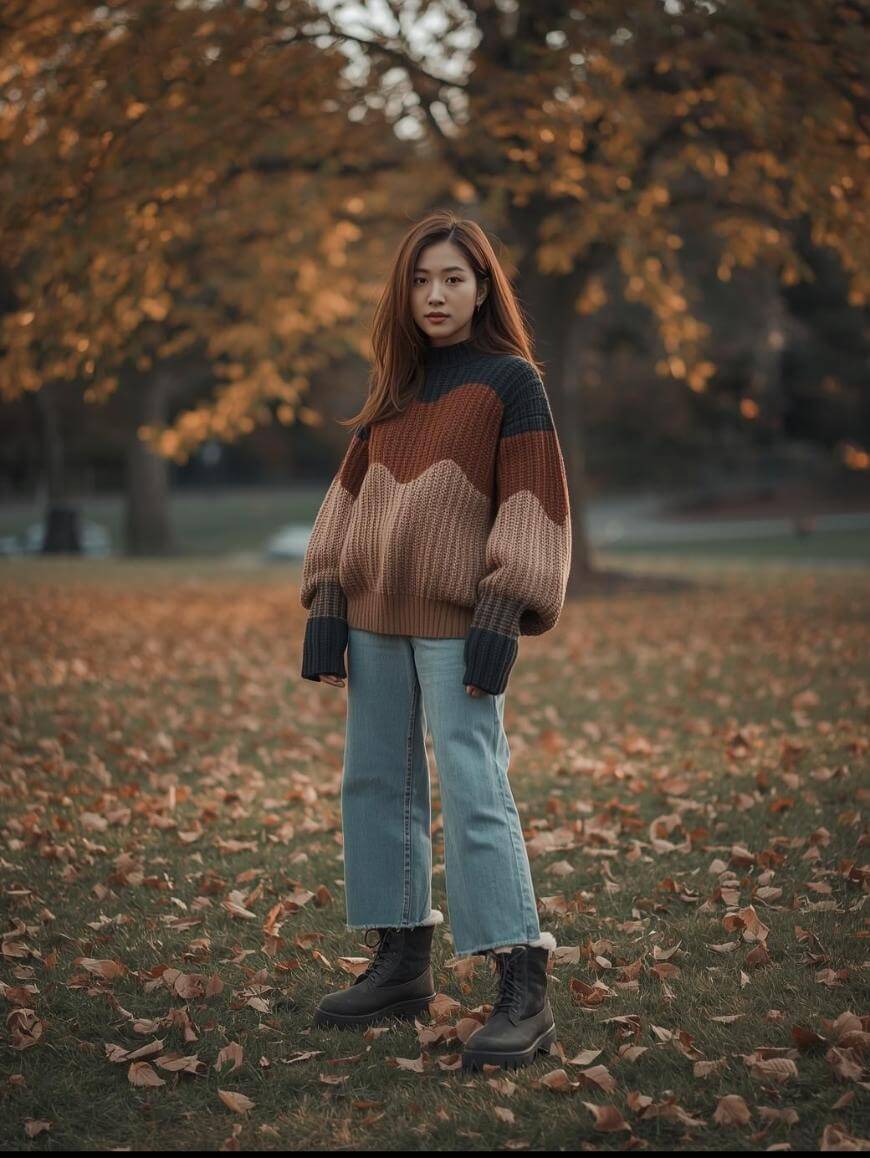 A young woman stands on grass covered with autumn leaves, wearing a loose knit sweater, wide-leg jeans, and boots. Trees with orange and brown foliage fill the background, evoking a cozy fall atmosphere.