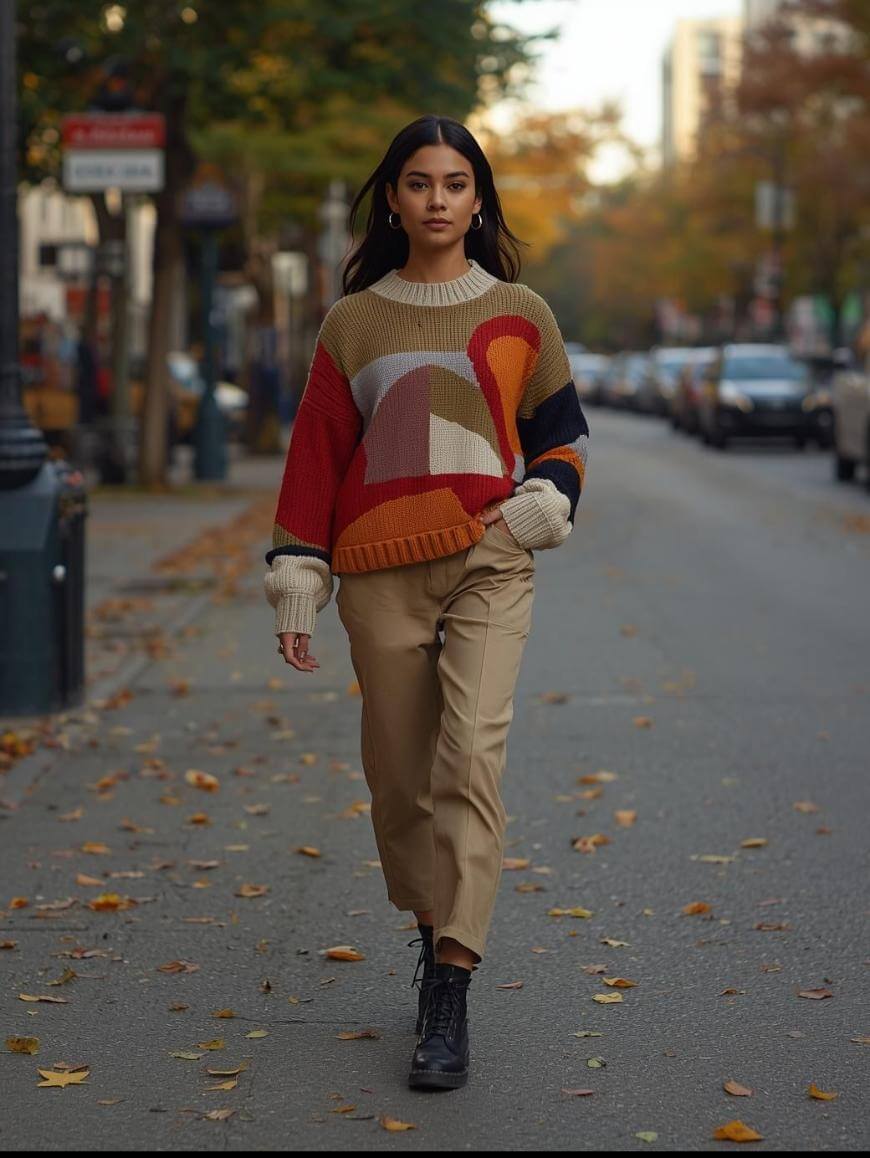 A woman walks confidently down a city street lined with autumn trees, wearing a colorful abstract-patterned sweater, beige pants, and black boots. Fallen leaves are scattered on the pavement.