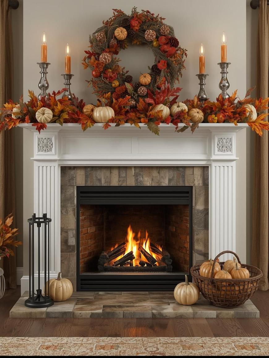 A cozy fireplace with a burning fire is decorated for autumn with a wreath, orange and red leaves, pumpkins, candles in silver holders, and a basket of pumpkins on the floor.