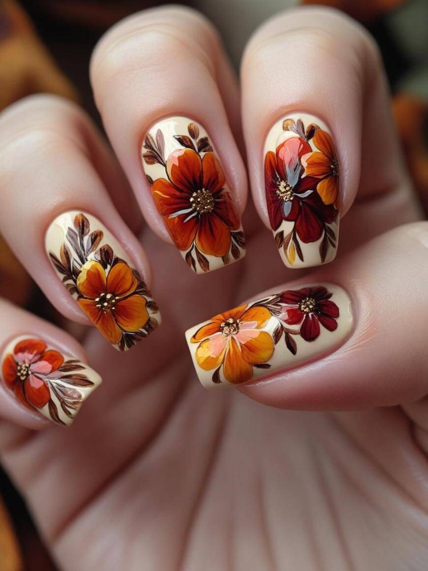 A hand with long nails painted in cream polish, featuring detailed floral designs in shades of red, orange, and yellow with brown leaves on each nail.