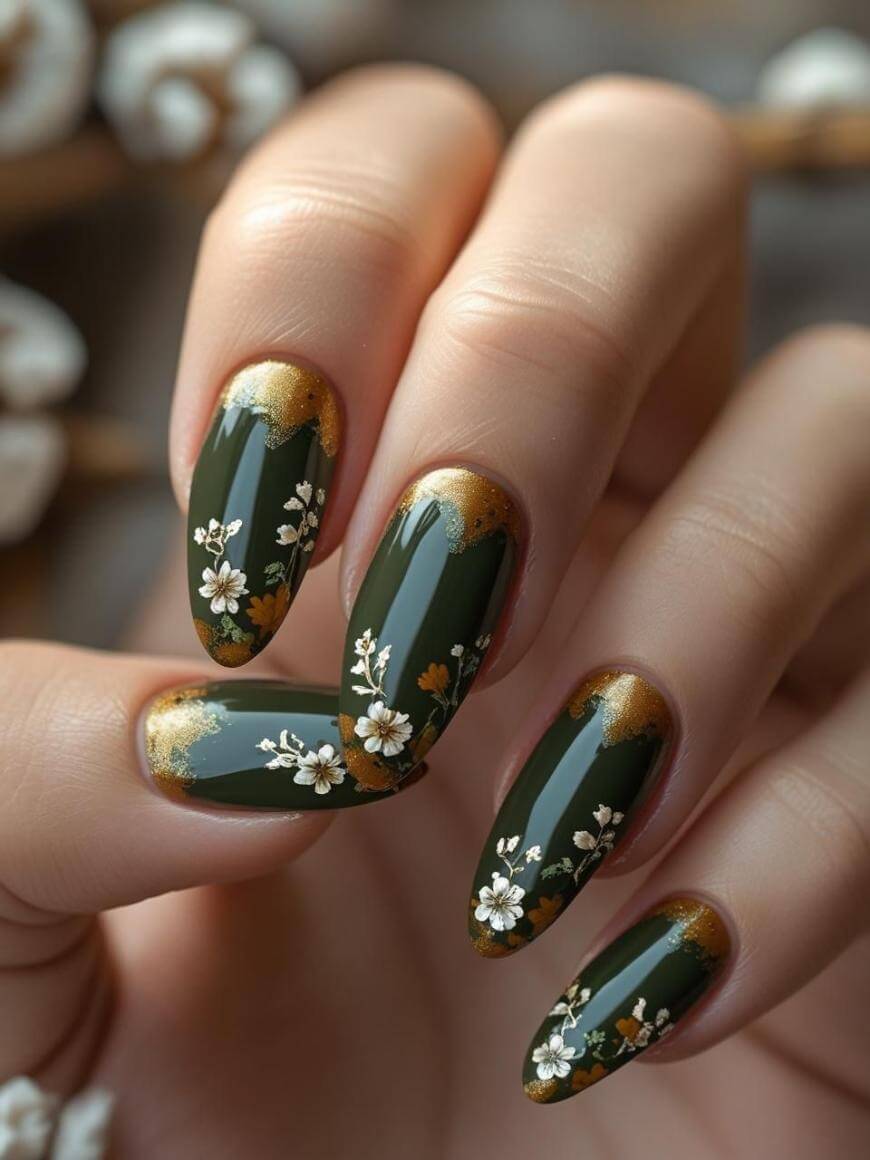 A hand with long, almond-shaped nails painted dark green, featuring gold accents at the base and detailed white floral designs on each nail. The background is softly blurred.