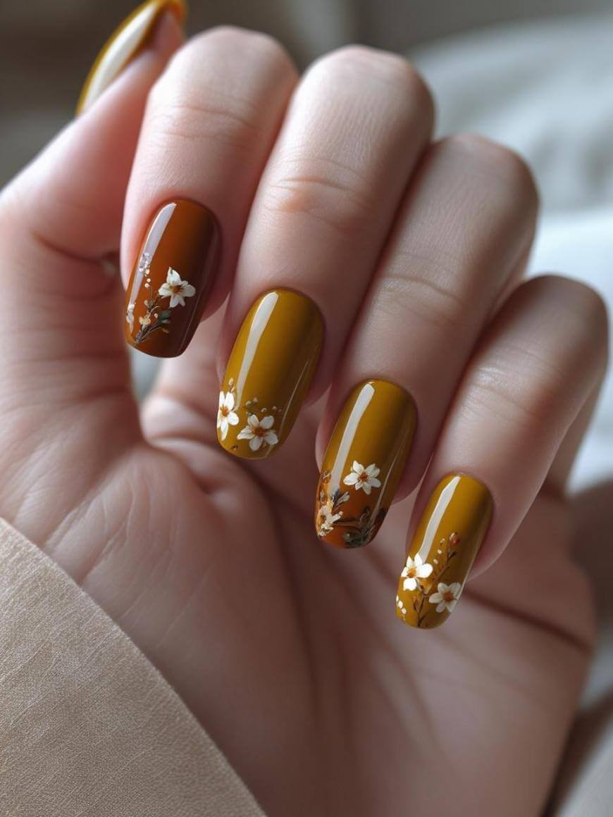 A hand with long, almond-shaped nails painted in a glossy mustard yellow, featuring delicate white floral designs on each nail. The background is softly blurred, highlighting the nail art.
