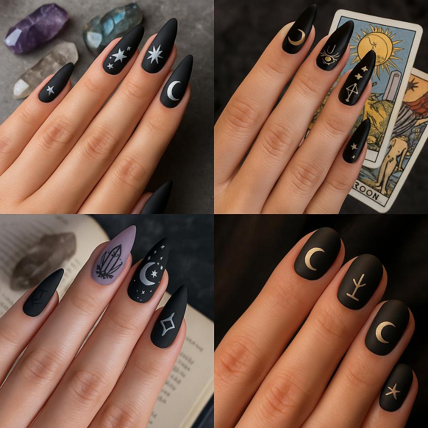 A collage of four images showing hands with matte black nails, each decorated with mystical symbols like moons, stars, crystals, and tarot-inspired designs, surrounded by crystals, tarot cards, and an open book.