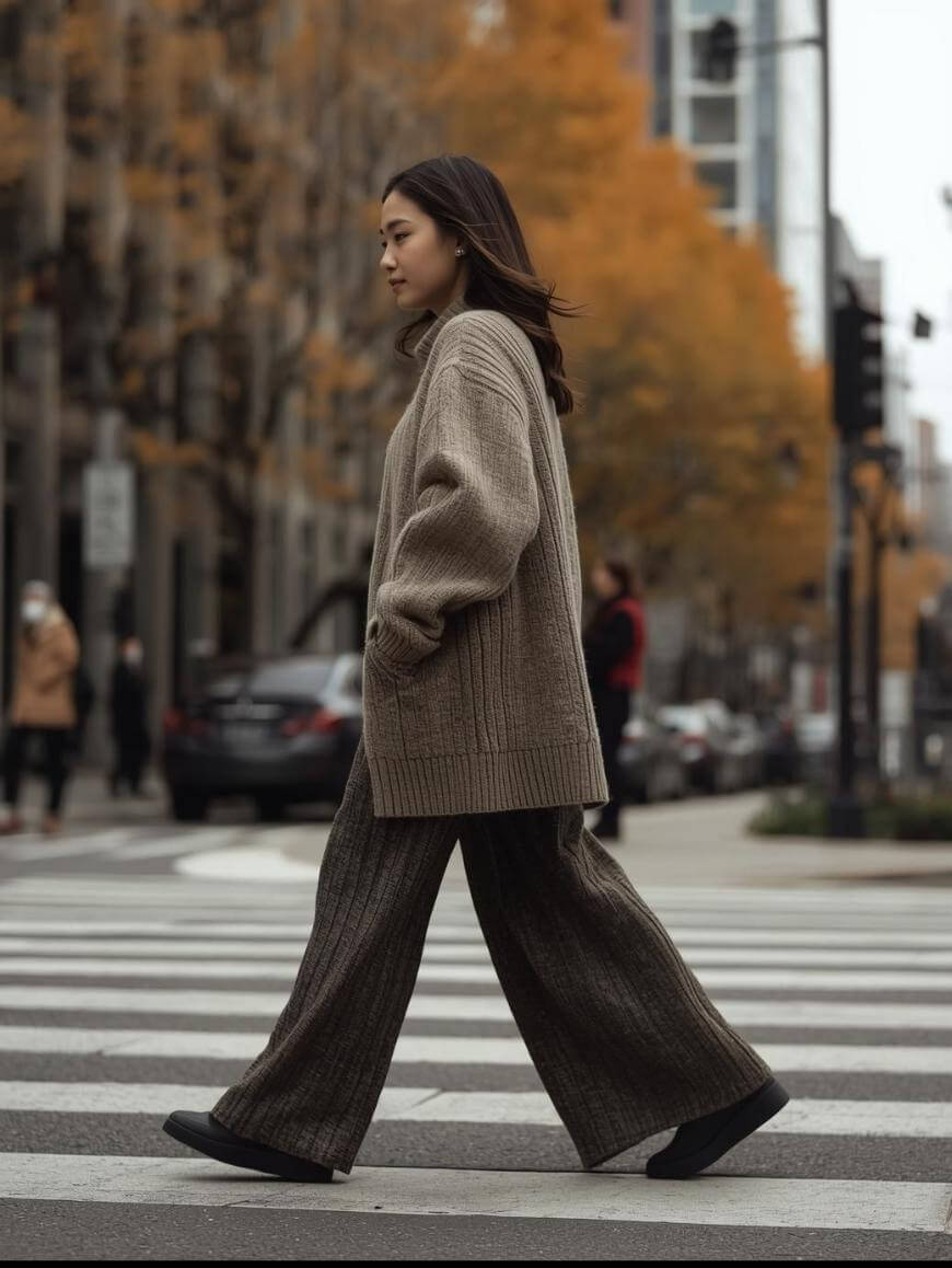 A woman wearing a loose brown sweater and wide-legged pants walks across a city crosswalk in autumn, with yellow-leaved trees and blurred pedestrians in the background.