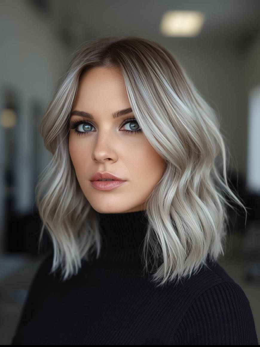 A woman with shoulder-length, wavy, platinum blonde hair and dark roots, wearing a black turtleneck sweater, looks confidently at the camera in a softly lit indoor setting.