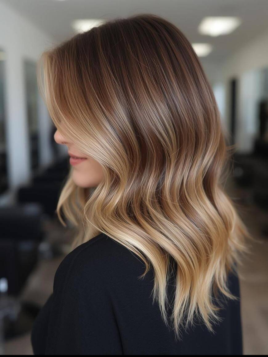 A woman with shoulder-length, wavy hair featuring a smooth blend of dark brown roots and blonde balayage highlights sits in a modern, brightly lit salon. Her face is turned to the side, showing her hairstyle.