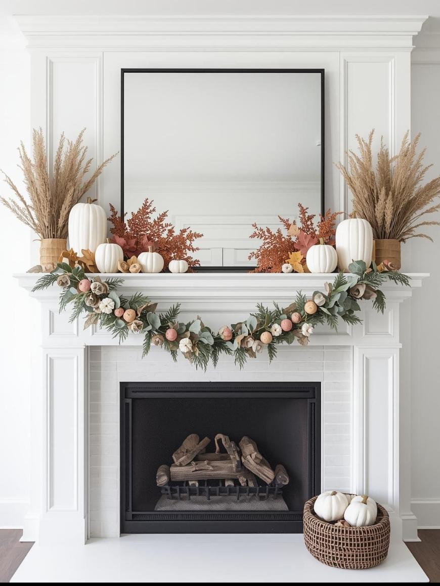 A white fireplace decorated with a fall garland, white pumpkins, baskets, dried grasses, and orange foliage, with a large mirror above the mantel and a basket of white pumpkins on the hearth.
