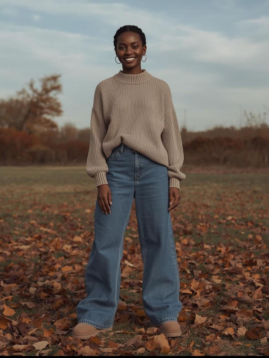 A woman stands outdoors on fallen autumn leaves, wearing a beige sweater, wide-leg blue jeans, and tan shoes. She is smiling and the background shows trees and cloudy sky.