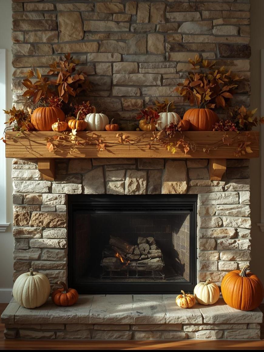 A stone fireplace decorated for autumn with orange and white pumpkins, fall leaves, and branches arranged on the mantel above a burning fire. Warm sunlight shines in from windows on either side.