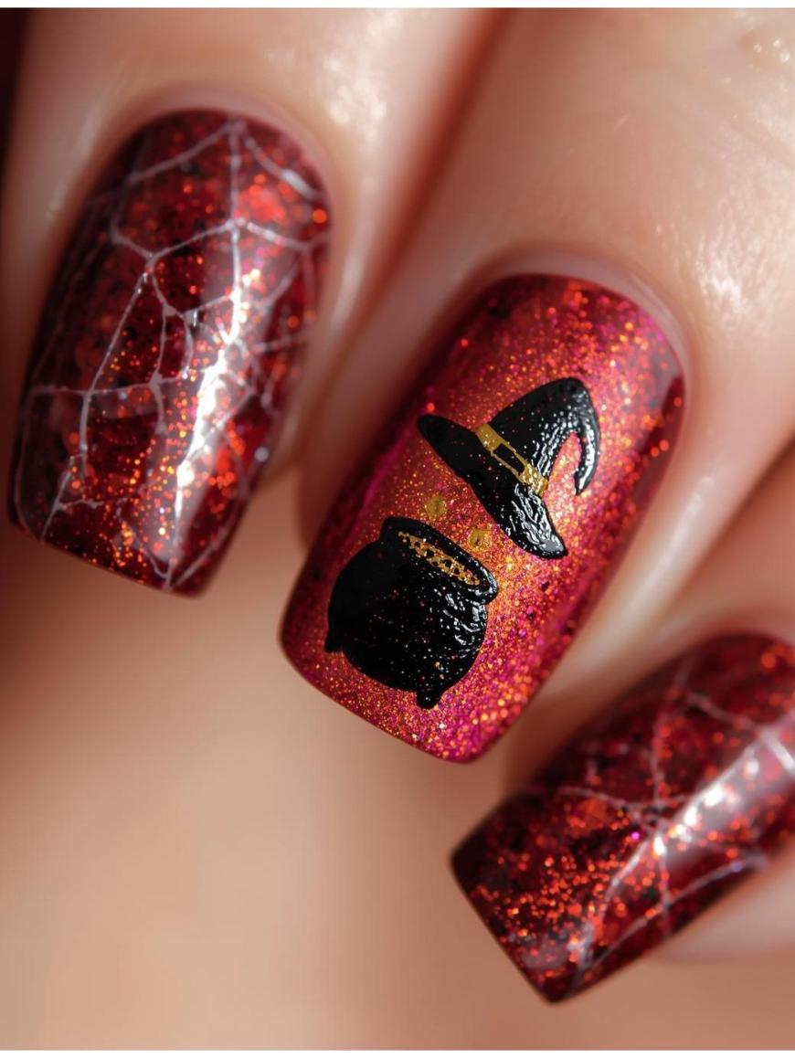 Close-up of red glittery Halloween-themed nails; two nails have white spiderweb designs, and the accent nail features black designs of a witchs hat and a cauldron.