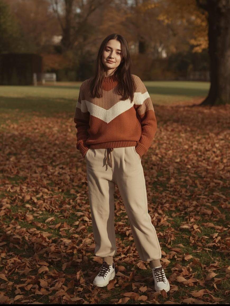 A young woman stands outdoors on fallen autumn leaves, wearing a brown and beige sweater, light pants, and white sneakers. Trees with autumn foliage and a grassy area are in the background.