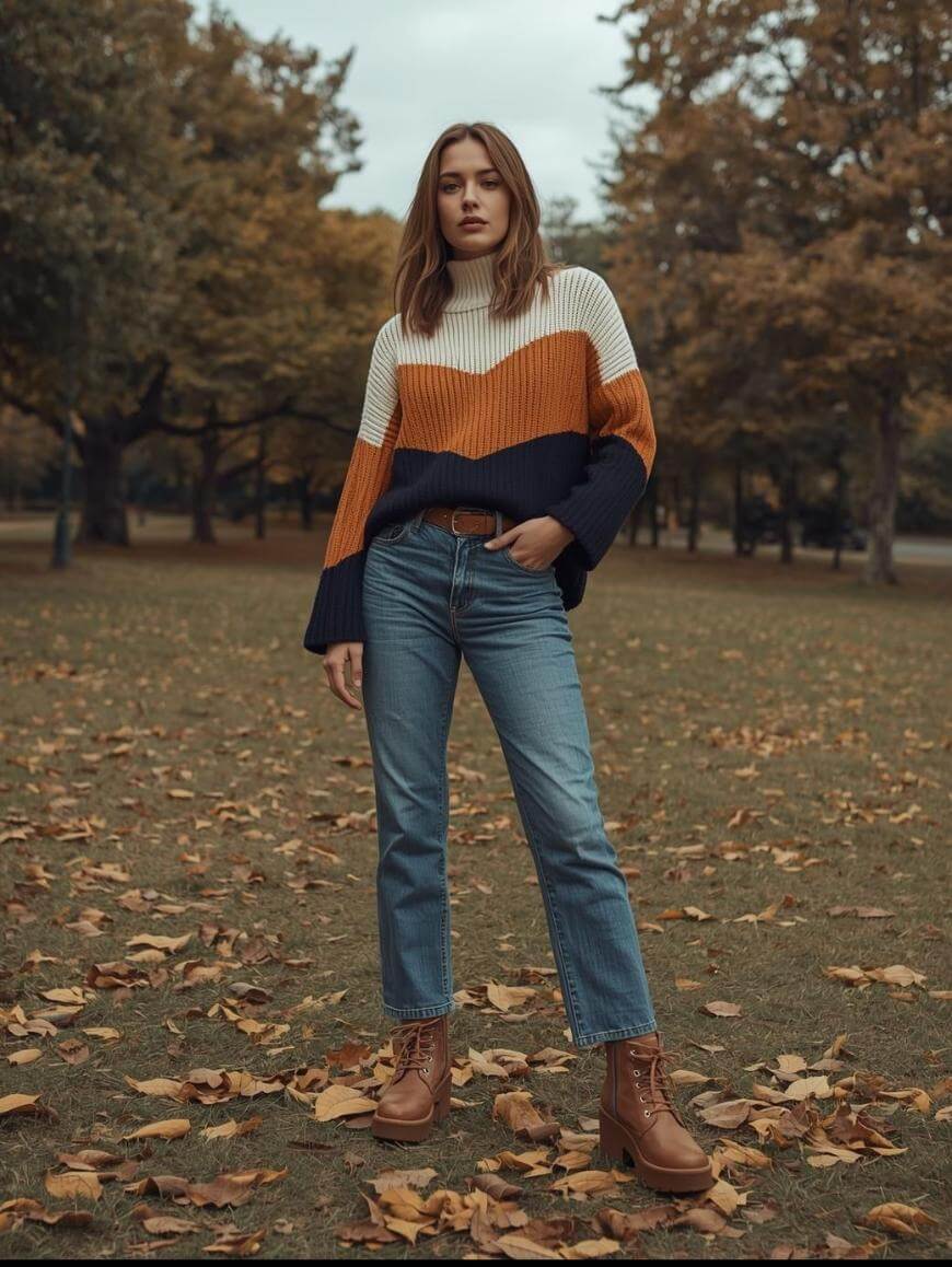 A woman wearing a color-block sweater, blue jeans, and brown boots stands on grass covered with autumn leaves, with trees showing fall foliage in the background.