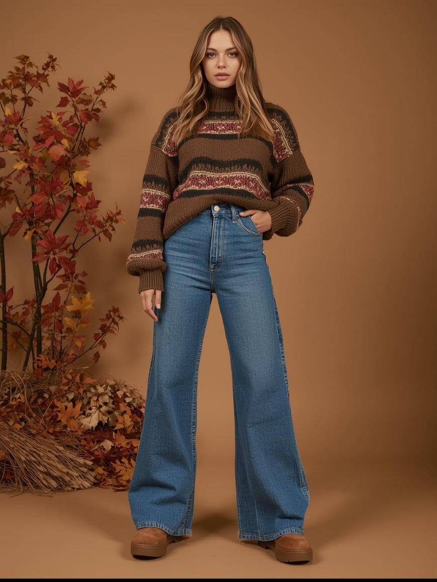 A woman stands in front of an autumn-themed brown backdrop wearing a patterned brown sweater, high-waisted wide-leg blue jeans, and brown shoes. Branches with fall leaves are arranged beside her.