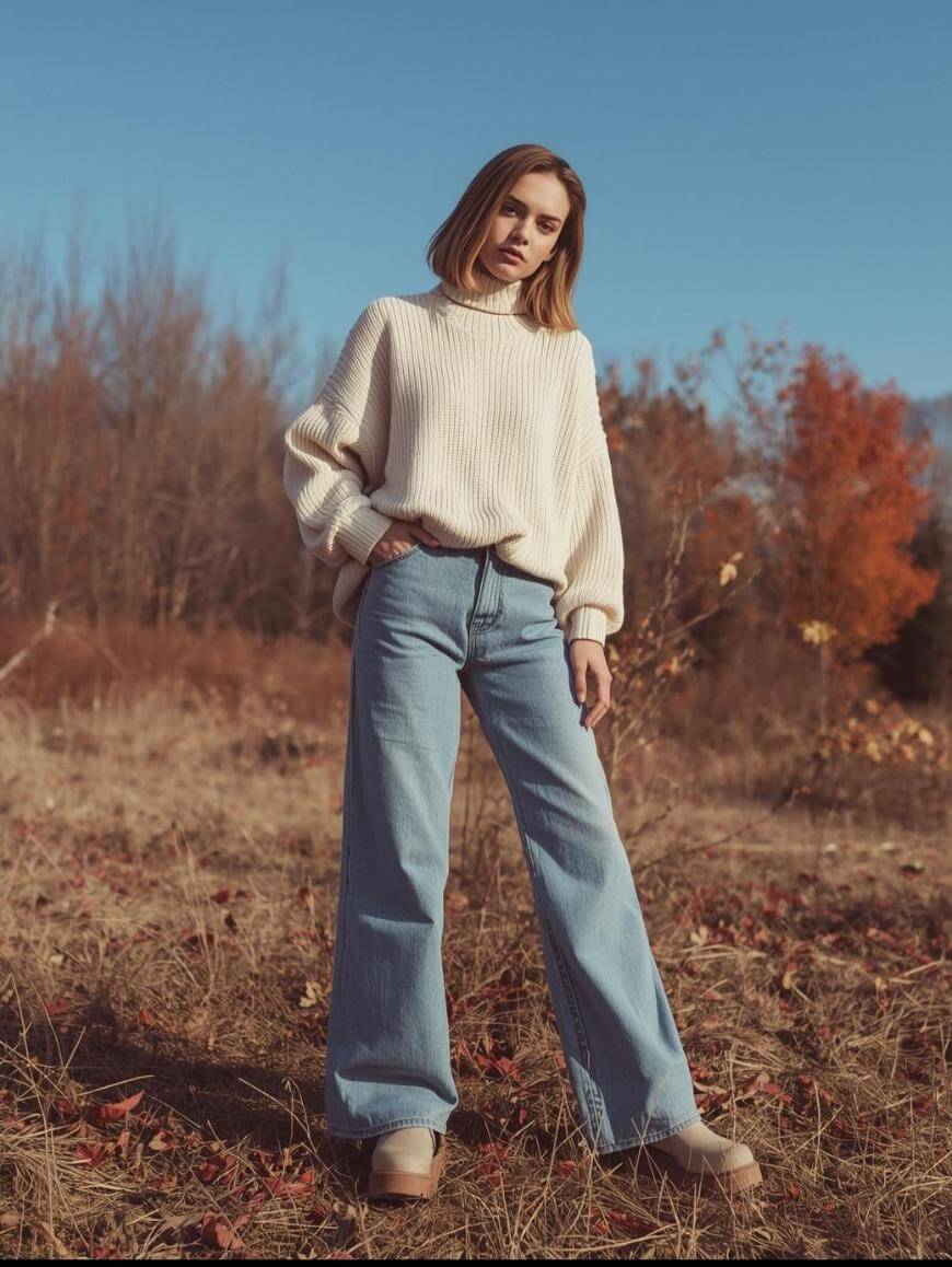 A woman stands outdoors in a field with dry grass, wearing a cream-colored sweater, light blue wide-leg jeans, and beige platform shoes. Trees with autumn foliage are in the background under a clear blue sky.