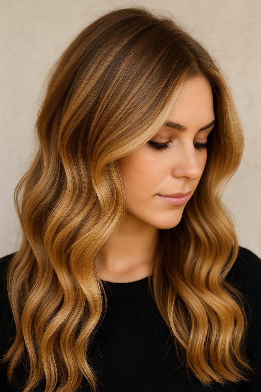 A woman with long, wavy, golden blonde hair and a side part looks down with a soft expression, wearing a black top against a neutral background.