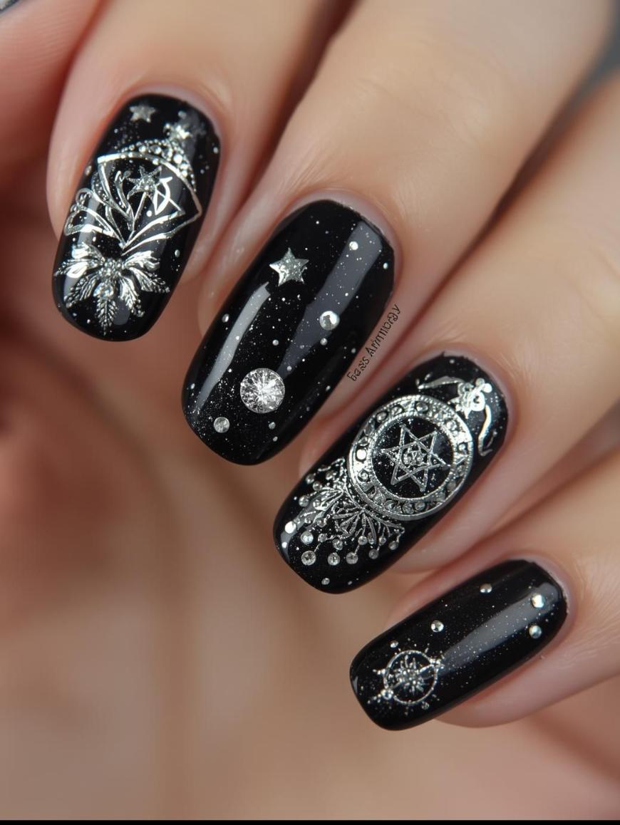 A close-up of four fingers with glossy black nail polish, each decorated with intricate silver celestial and geometric designs, including stars, a diamond, a pentagram, and metallic accents.