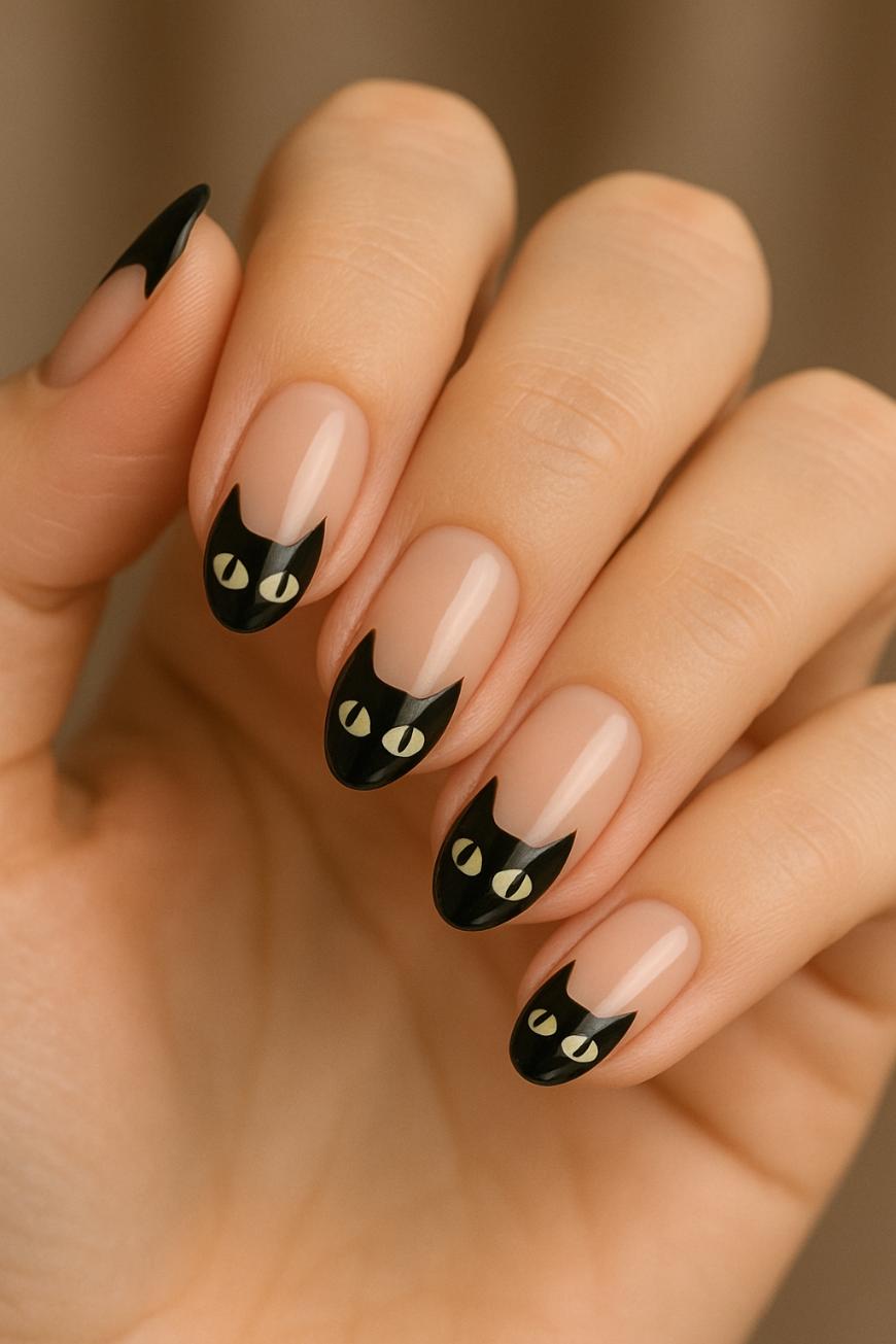 A hand with long almond-shaped nails features a black cat nail art design; each nail has a black cat face with yellow eyes near the tips, on a natural pink base.