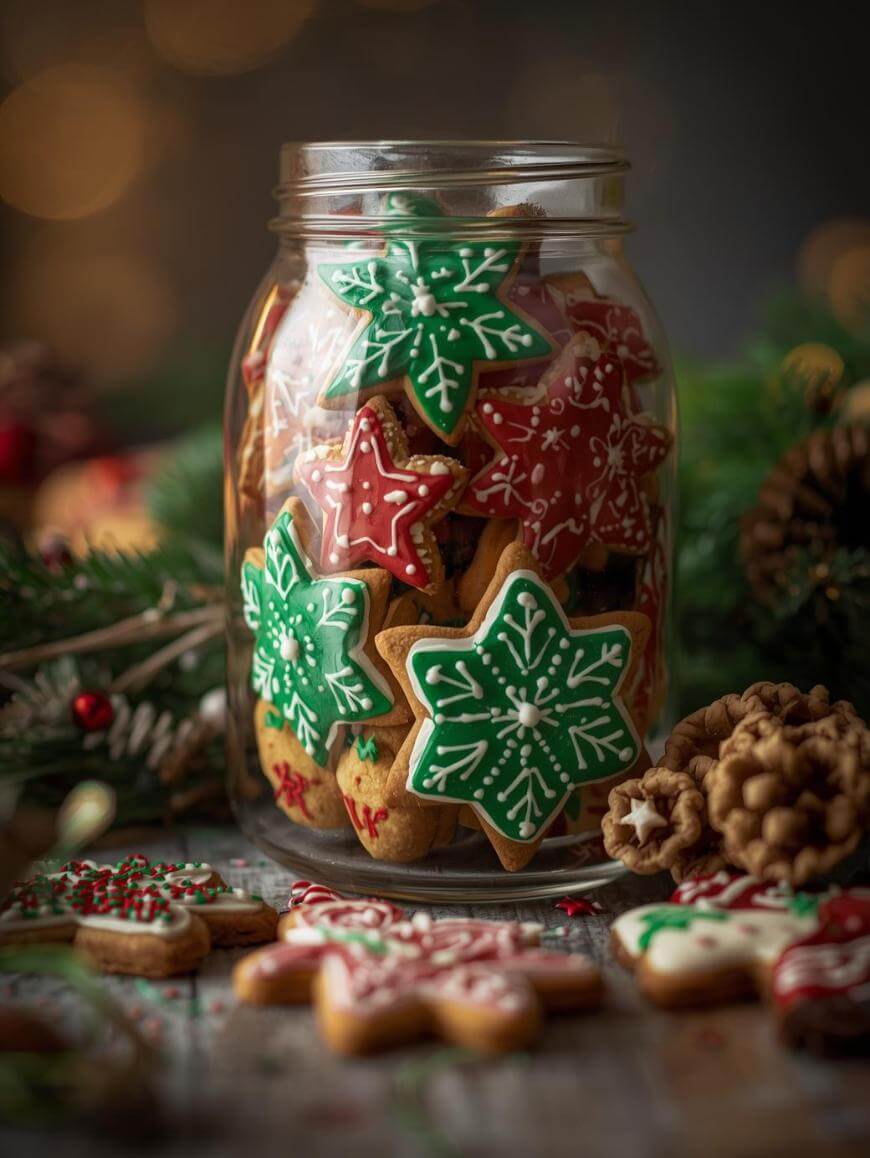 A glass jar filled with festive Christmas cookies shaped like stars and snowflakes, iced in red, green, and white, sits on a table with more cookies, pinecones, and holiday greenery around it.