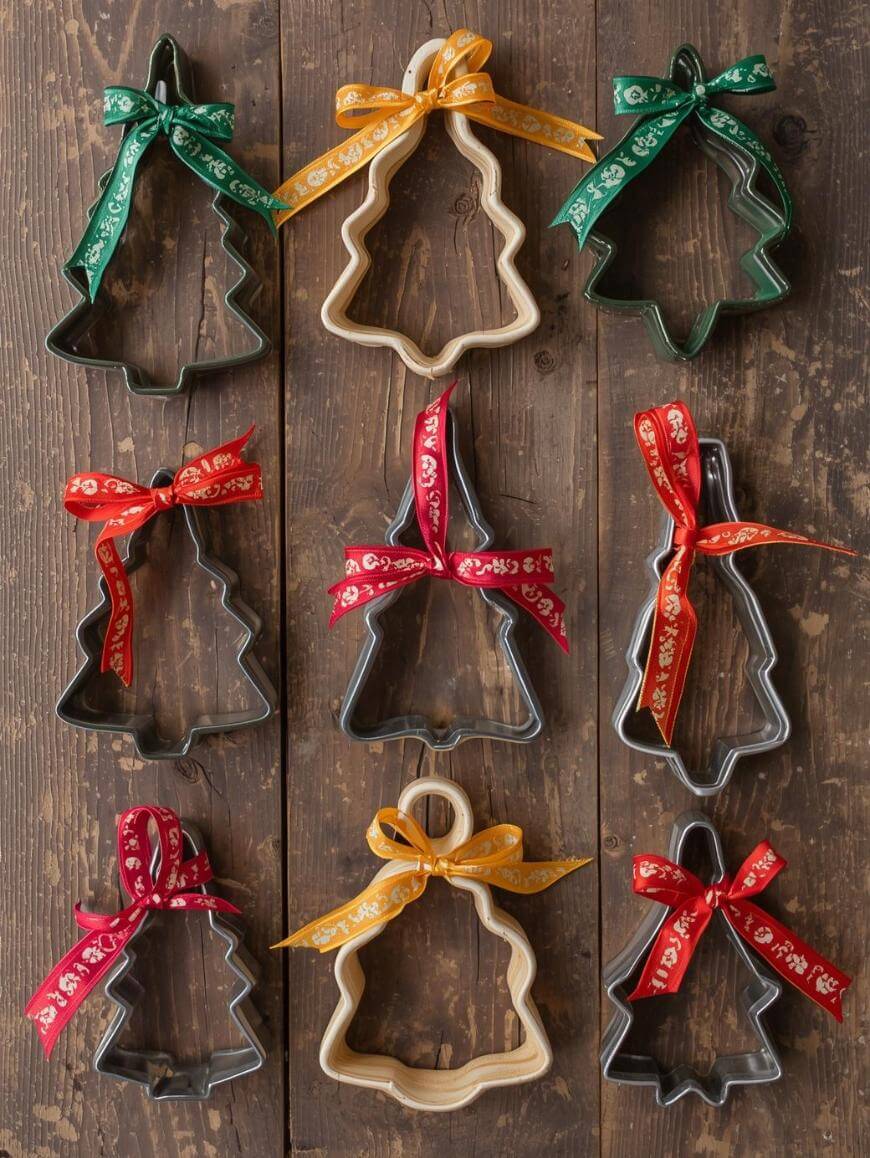 Nine Christmas tree and bell-shaped cookie cutters arranged on a wooden surface, each tied with a festive red, green, or gold ribbon.