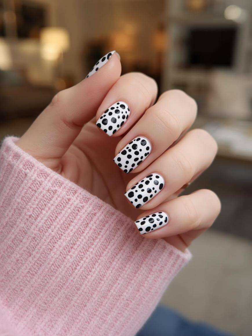 A hand with short, square-shaped nails painted white with black polka dots, wearing a light pink sweater.