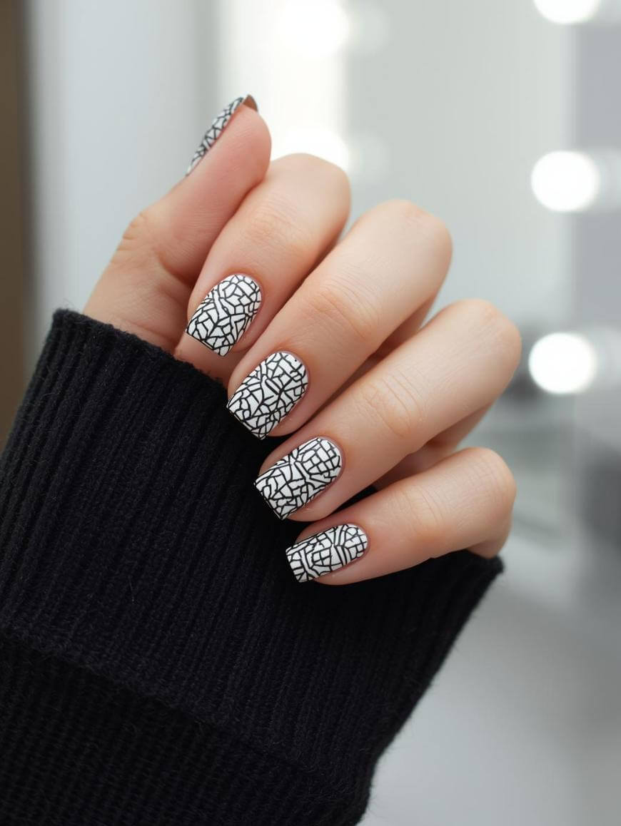 A hand with neatly manicured nails features a black and white geometric mosaic pattern. The person is wearing a black ribbed sweater, and the background is softly blurred.