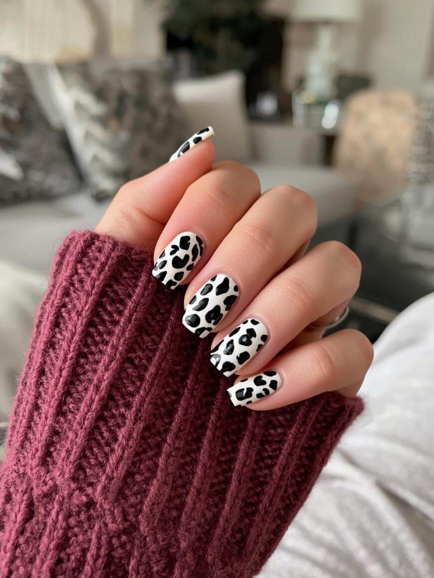A hand with white nails featuring black cow print designs, partially covered by a burgundy knit sweater. The background is softly blurred, showing a cozy indoor setting with neutral-toned decor.
