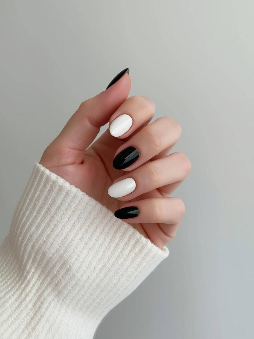 A hand with almond-shaped nails painted in alternating black and white polish, wearing a white ribbed sweater, against a plain light background.