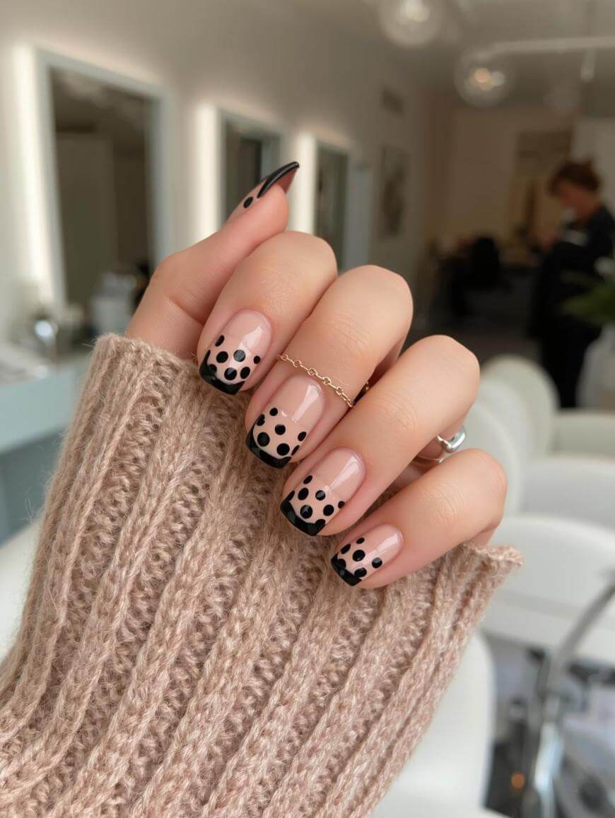 A hand with a beige sweater sleeve shows manicured nails featuring nude polish and black French tips with black polka dots. The person wears two silver rings. The background is a modern, softly lit salon.