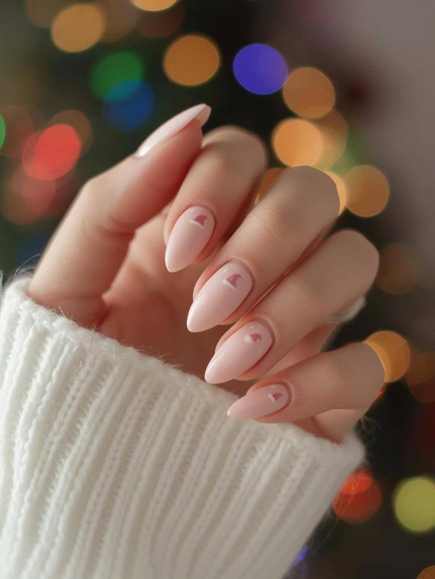 A hand with almond-shaped, pale pink nails featuring small heart designs, shown against a blurred background of colorful lights. The person is wearing a white, ribbed sweater.