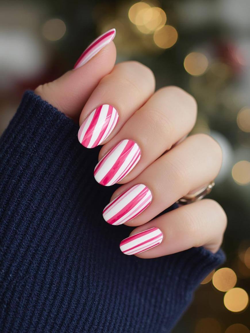 A hand with oval nails painted with red and white diagonal candy cane stripes, partially covered by a navy blue sweater, with blurred festive lights in the background.