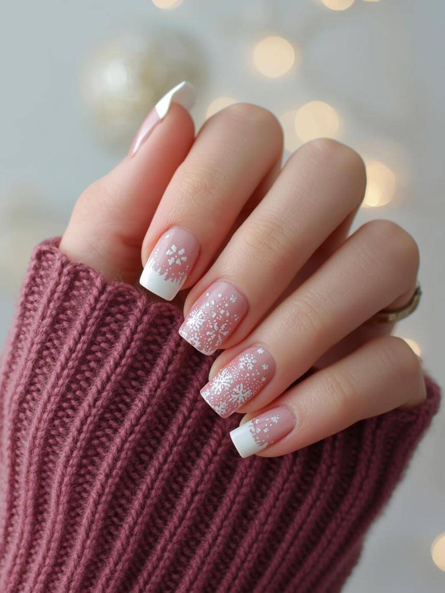 A hand with a mauve ribbed sweater sleeve shows a manicure with white French tips and delicate white snowflake designs on nude pink nails. The background is softly blurred with warm, twinkling lights.