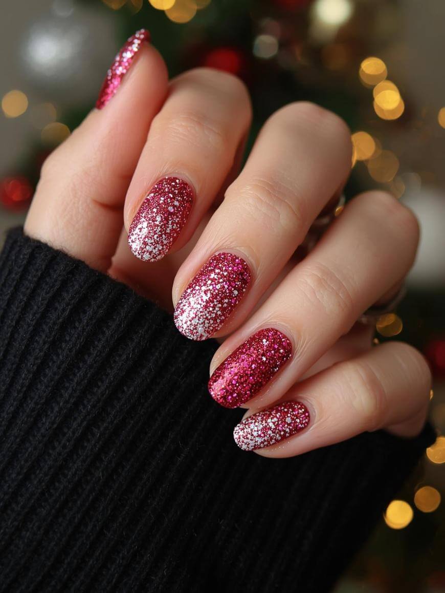 A hand with long, almond-shaped nails painted in pink and red glitter ombre, fading from silver at the tips to dark pink at the base. The person is wearing a black sweater, and blurred holiday lights are in the background.