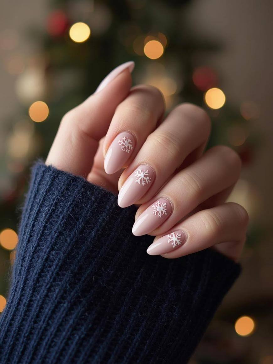 A hand with long, almond-shaped nails painted pale pink, featuring white snowflake designs, is shown against a blurred background with festive lights. The person is wearing a dark blue knitted sweater.