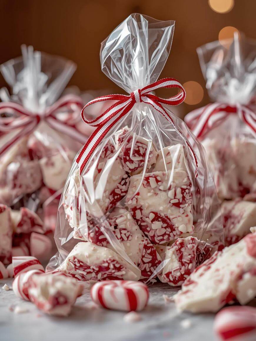 A clear gift bag tied with a red and white ribbon holds peppermint bark pieces coated in white chocolate and crushed peppermint candy. More peppermint bark and candies are scattered in the softly lit background.