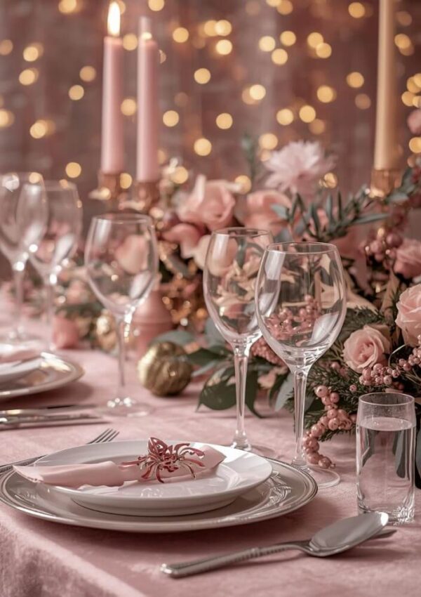 Elegant table setting with pink and gold decor, wine glasses, plates, cutlery, floral arrangements, and lit candles, all on a pink tablecloth with a background of warm, twinkling lights.